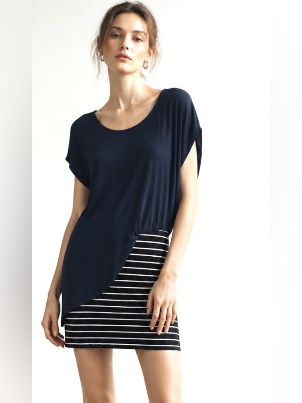 MYSTREE Dress Mini Jersey Striped Asymmetric Scoop Pencil Jersey Knit Medium